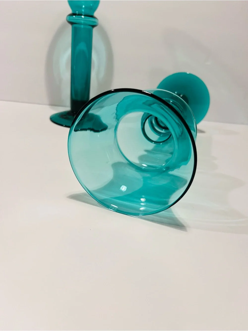 Vintage Emerald Green Handblown Glass Set of 2 Candle Holders 11”